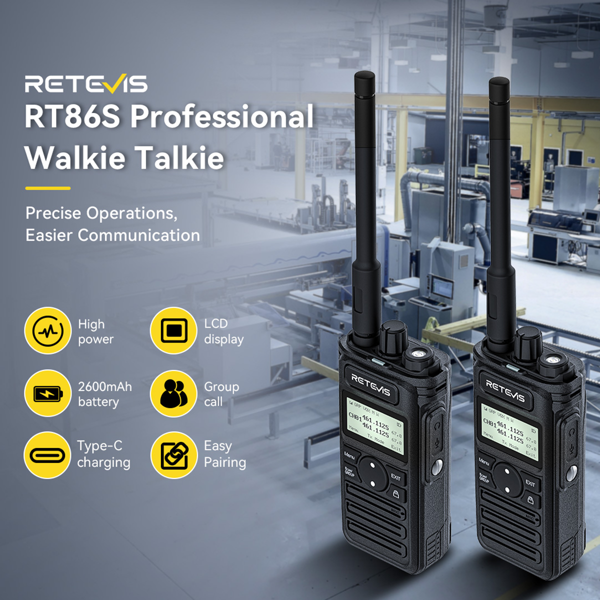 Retevis RT86S Two Way Radios Long Range Rechargeable Two Way Radio with 2600mAh Battery GMRS Radio LCD Screen for Commercial(1 Pack) ราคา 3,049 บาท*ส่งฟรี