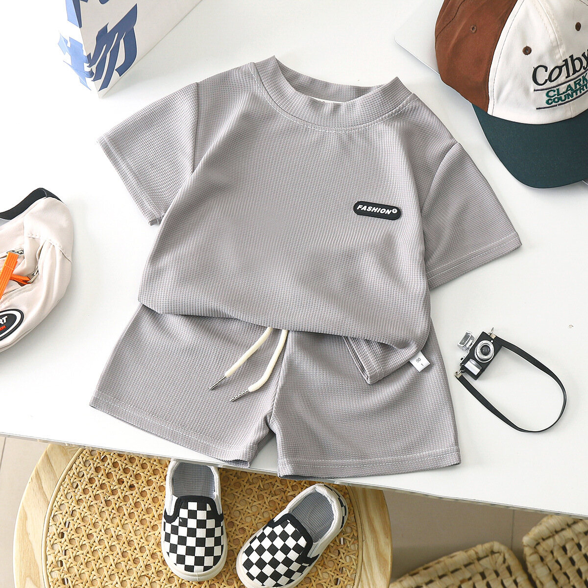 Kids Short Sleeve Clothes Solid Color Set T-shirt Children Boy Fashion Shorts Tshirt Sets Boys Clothing - 2