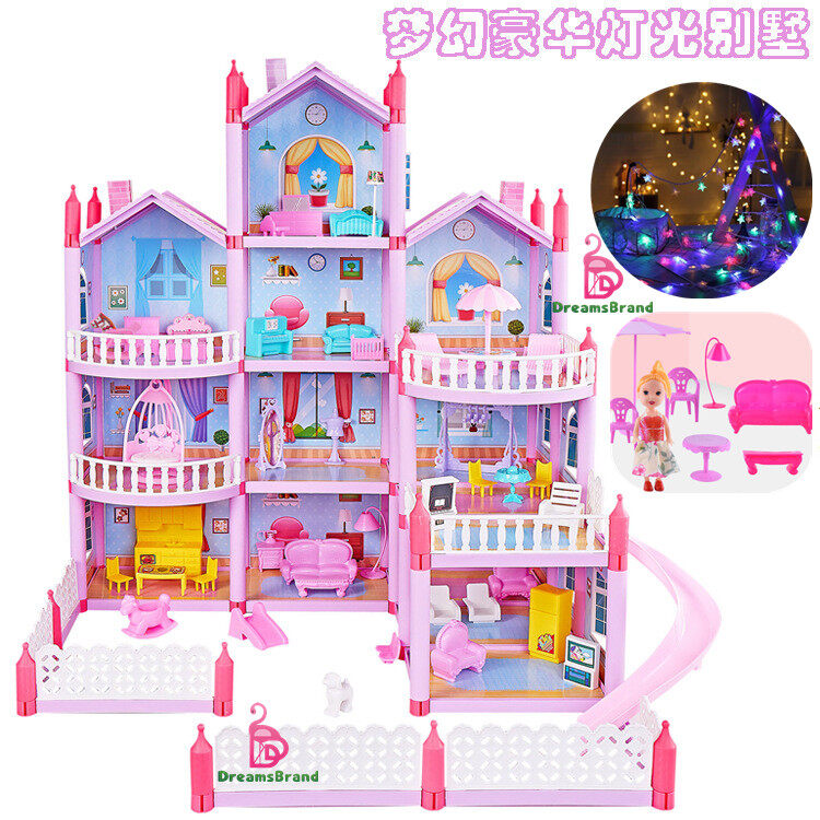 búp bê freebie + đèn cổ tích, nhà búp bê biệt thự lớn, nhà búp bê barbie công chúa, 4 tầng, mơ ước, quà tặng giáng sinh, bộ đồ chơi đồ hàng tự làm 8