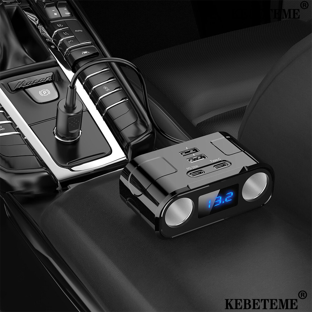 KEBETEME 6 in 1 Car Ci-garette L-ighter Car Charge USB Type-C PD+QC3.0 12-24V Voltage Display ราคา 175 บาท*ส่งฟรี
