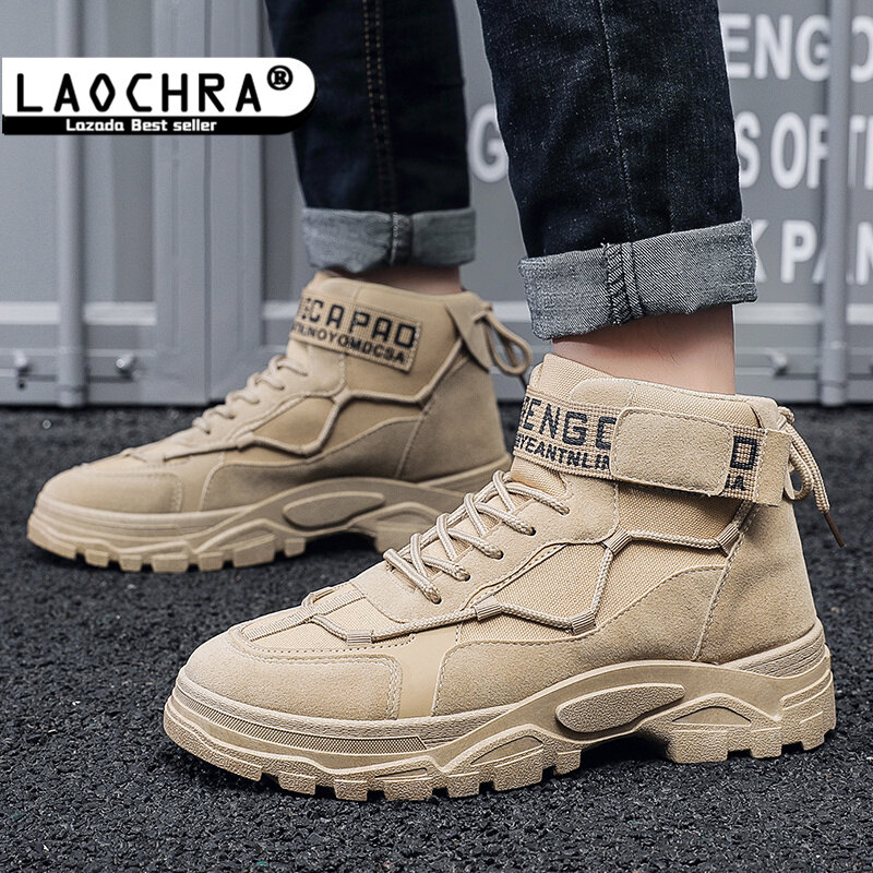 Bốt da cao cổ laochra đến mắt cá chân cho nam, giày bảo hộ thường ngày thời trang Chelsea bằng cao su