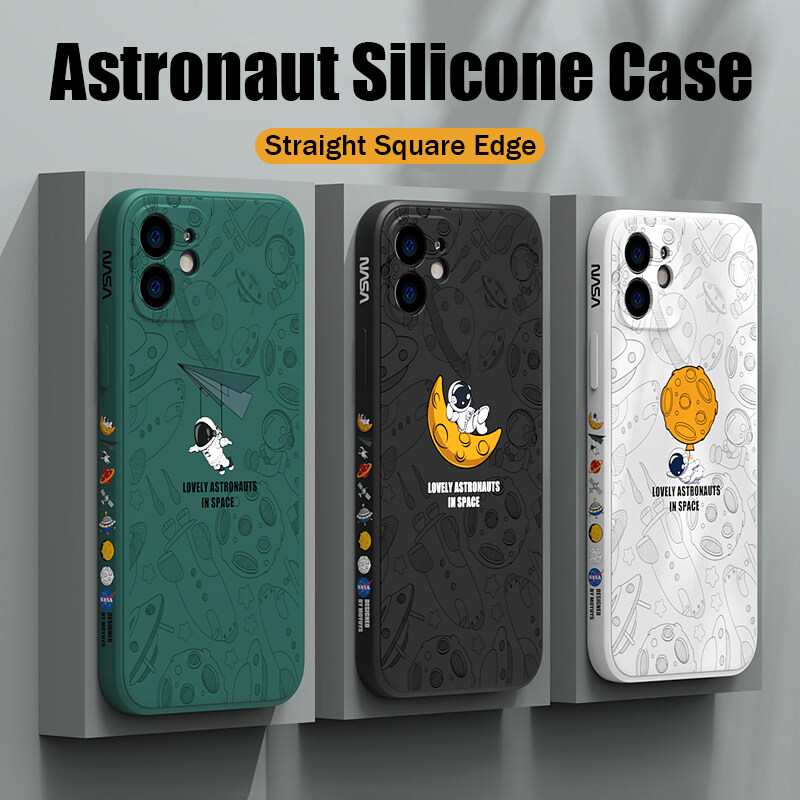 CrashStar Cute Astronaut Silicone Soft Shockproof Phone Case For iPhone 14 13 12 11 Pro Max Mini XS XR X 8 7 6 6S Plus + SE 2020 Straight Square Edge Phone Casing Cover With Full Cover Lens Camera Protection Shell Hot Sale