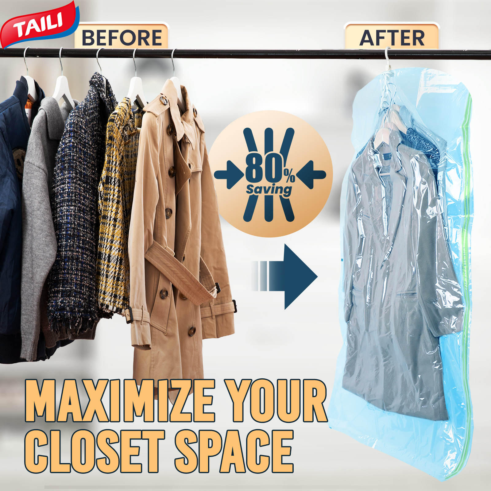 TAILI Hanging Vacuum Storage Bags for Clothes, Space Saving Clothes 4 Pack, Blue Vacuum Seal Bags, Vacuum Seal Storage Bags Garment Bags for Suits, Dress Coats or Jackets, Wardrobe Storage and Storage ราคา 324 บาท*ส่งฟรี