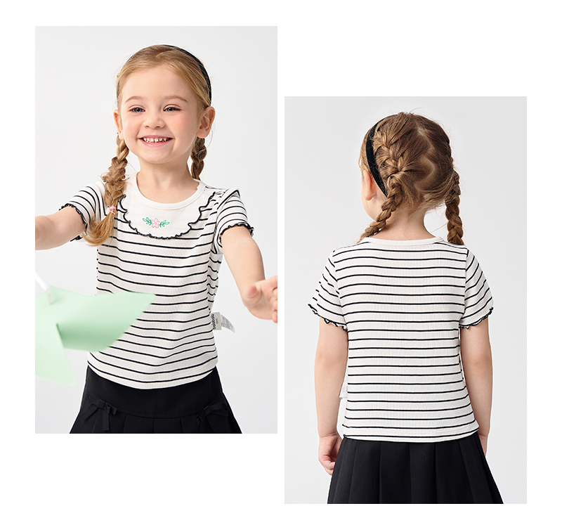 balabala Children Baby Short Sleeve Girl T-Shirt Children Top 2025 New Summer Shoulder-Fit Inner Wear Embroidered T-Shirt · v5