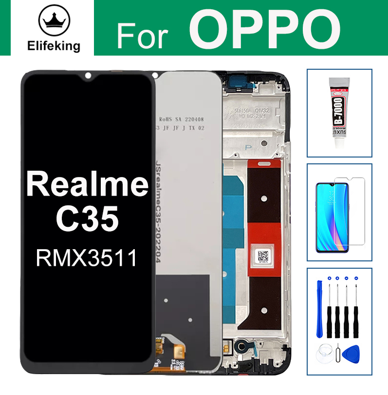 Màn hình lcd 6.6 "cho oppo realme c35 màn hình lcd bộ linh kiện số của màn hình cảm ứng rmx3511 thay thế bằng dụng cụ miễn phí + kính cường lực