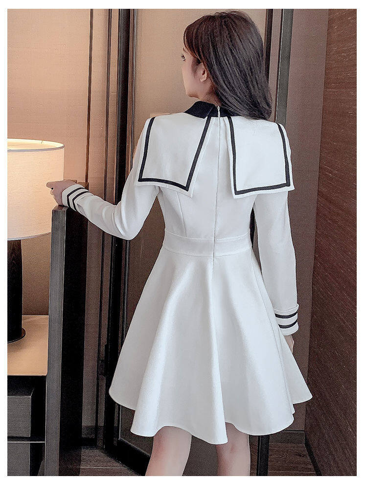 Navy style dress for women 2021 Spring and Autumn new small waist-tight temperament contrast color college style long sleeve A- line dress