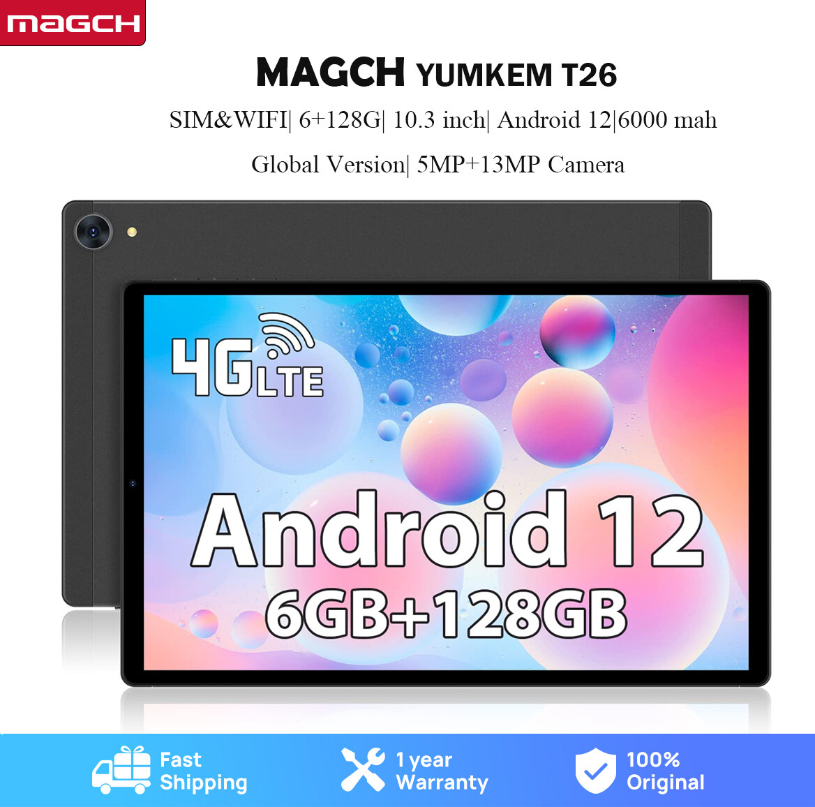 MAGCH-YUMKEM 2023 Newest Android 12 Tablet, 10.3 Inch 4G LTE Mobile Phone Tablet, FHD Incell Screen, 128GB+6GB, Octa-core CPU, 13MP Camera, 6000mAh Battery, 5G WiFi/GPS/BT ราคา 5,373 บาท*ส่งฟรี