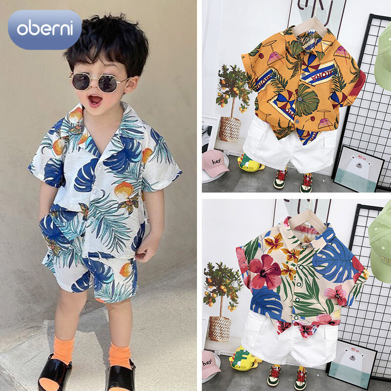 Oberni Boys' short-sleeved floral shirts, children's summer beach shirts, casual shorts sets, children's resort tops ราคา 170 บาท*ส่งฟรี