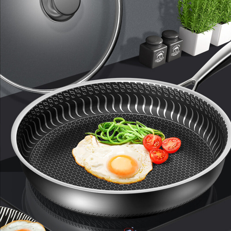 Gambar Frying Pan 304 Stainless Steel Wok Non stick Pan Double side Honeycomb Without Oil Fried Steak Pot General Uncoated Pan No Lid