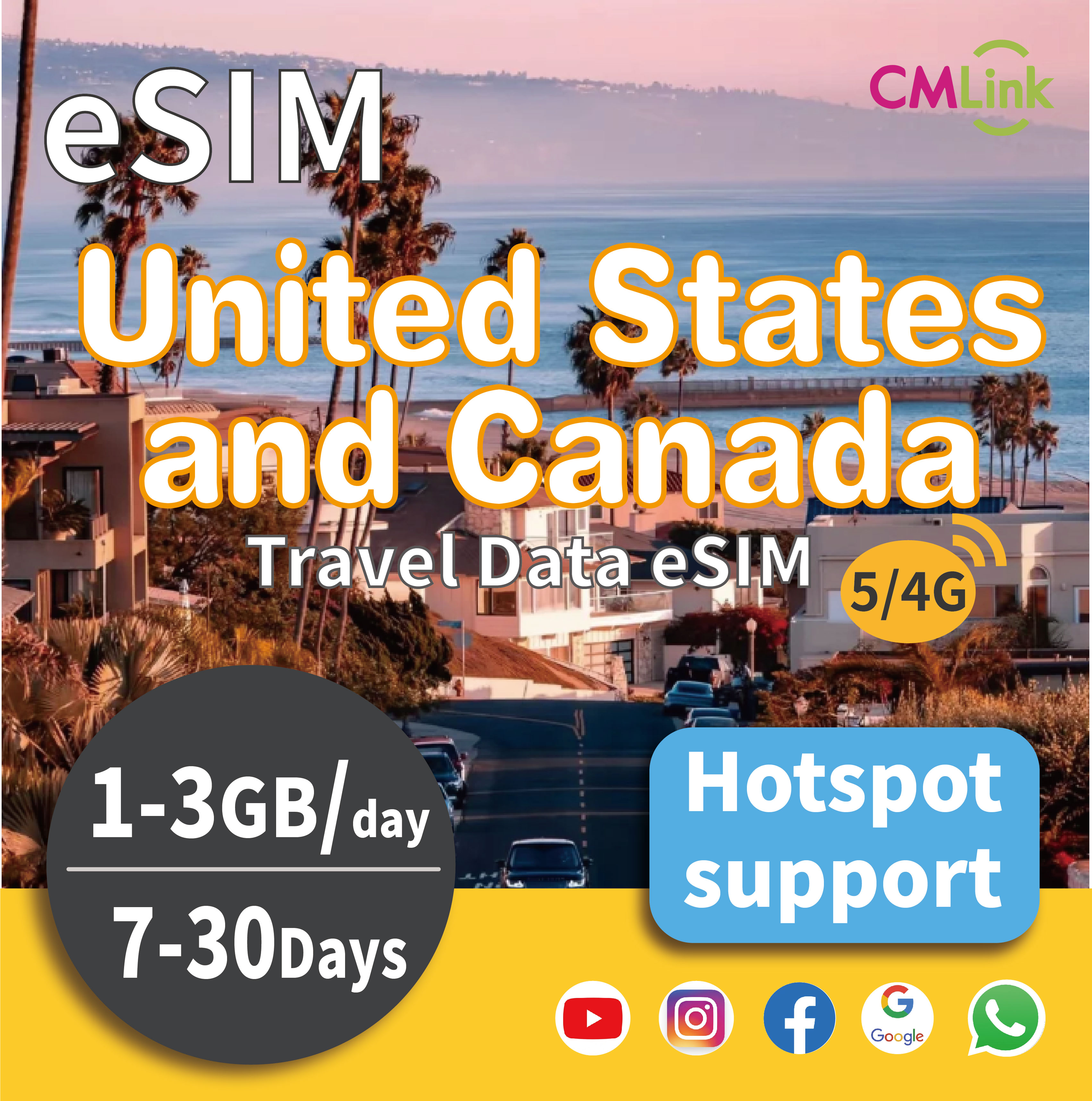 United States and Canada Travel eSIM Card: 90GB High-Speed Unlimited Data for 7-30Days, 1/2/3GB Daily, Prepaid 4G/5G LTE (QR Code Sent to Your Email） ราคา 800 บาท*ส่งฟรี