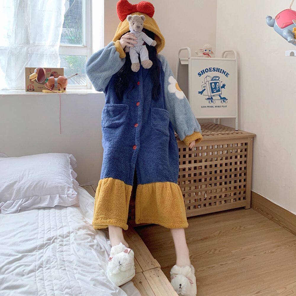 EURITES Đồ Ngủ Nơ Hoa Ấm Áp Thiết Kế Thời Trang Áo Ngủ Pyjama Hoạt Hình Áo Choàng Tắm Mặc Nhà Phong Cách Hàn Quốc Áo Choàng Nữ 6