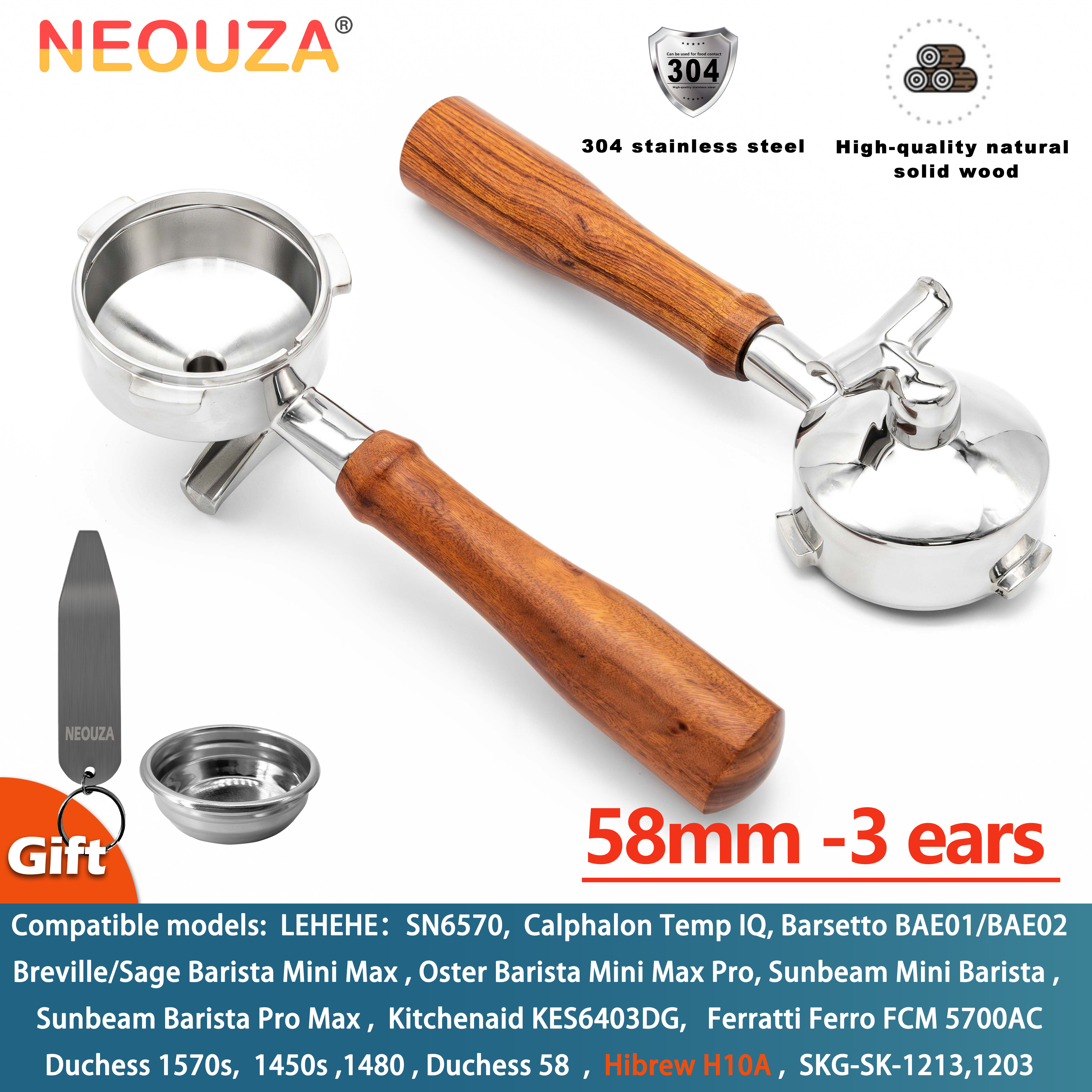 NEOUZA 58mm - 3 ears espresso coffee machine double spouts, non-pressurized basket, Compatible with:Barsetto Breville Sage Oster Duchess Sunbeam Barista Mini Max Hibrew H10A ,304 Stainless Steel ﻿ ราคา 750 บาท*ส่งฟรี