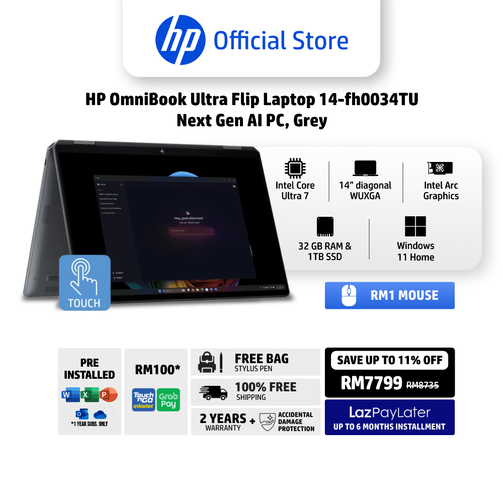 HP OmniBook Ultra Flip Laptop 14-fh0034TU Next Gen AI PC, Silver - Intel® Core™ Ultra 7 processor - Windows 11 Home - 32 GB RAM - 1 TB SSD - 14 - diagonal 2.8K OLED touch display - Intel® Arc™ Graphic