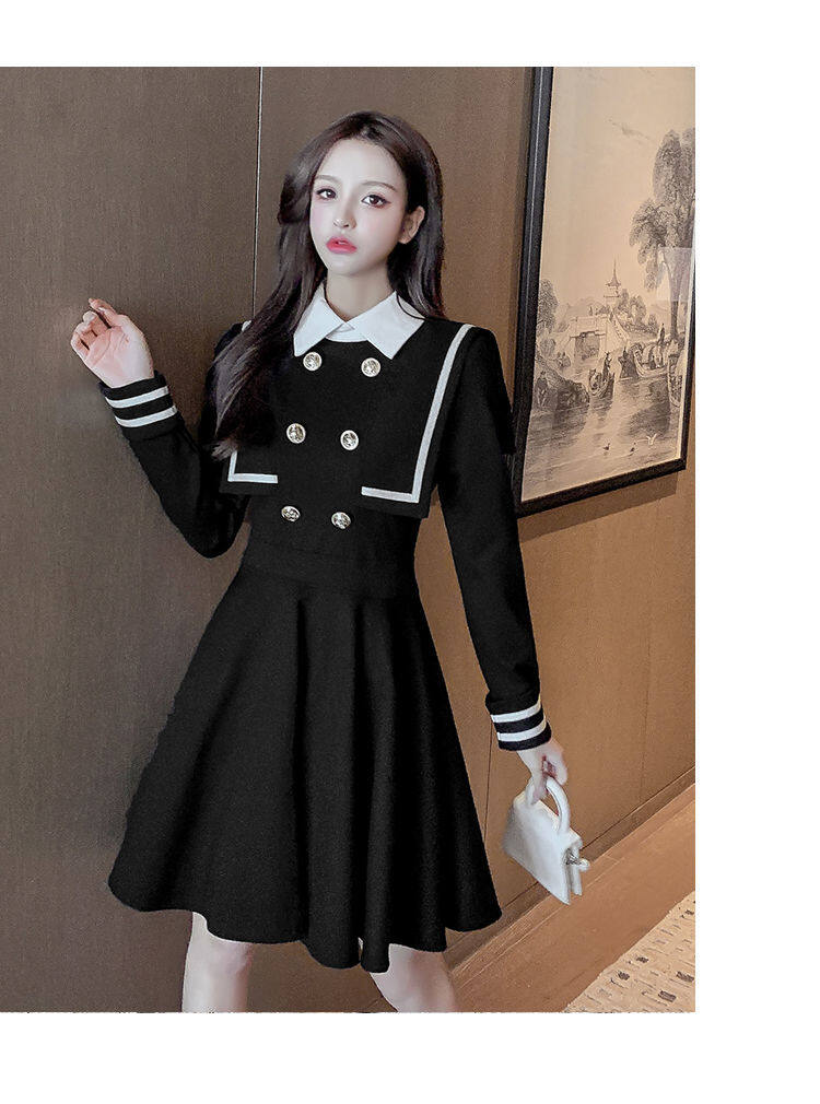 Navy style dress for women 2021 Spring and Autumn new small waist-tight temperament contrast color college style long sleeve A- line dress