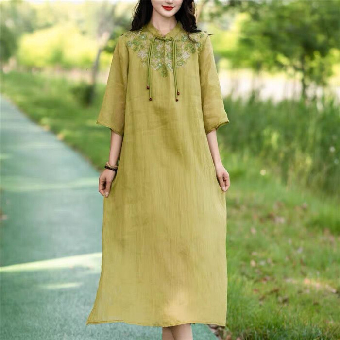LUCKIN STORE Cotton Linen Dress Loose Retro T-shirt Dress Embroidered High-End Long Dress Plus Size M~5XL