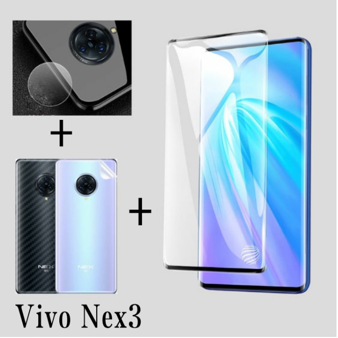 Cho Vivo Nex 3/Nex 3S Phim kính cường lực toàn màn hình + Phim ống kính máy ảnh + miếng phim dán sau sợi carbon