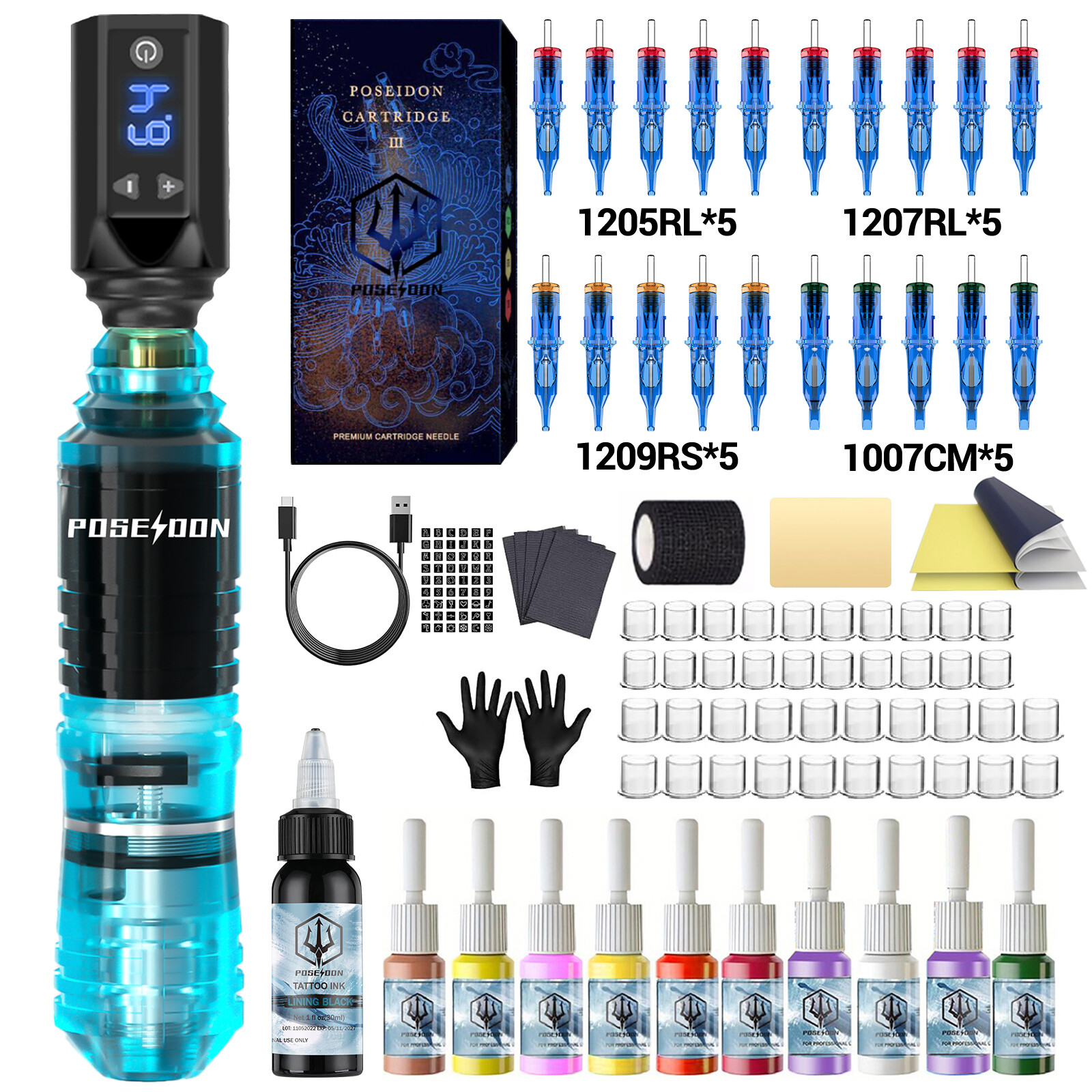  Poseidon bút Tattoo Kit-Bút Tattoo với 20pcs Tattoo cartrodge kim Máy xăm không dây với 1500mAh cung cấp điện và phụ kiện xăm hình cho nghệ sĩ 