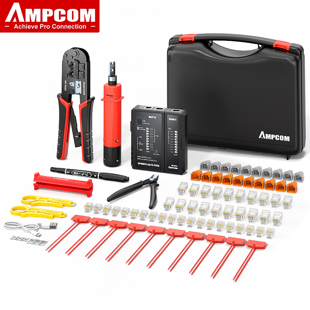 AMPCOM RJ45 Crimper Lan Tester Tool Set Ethernet Cable Stripper Punch Down Tool RJ 45 RJ11 Connectors 14 in 1 Cabling Repair Set ราคา 1,127 บาท*ส่งฟรี