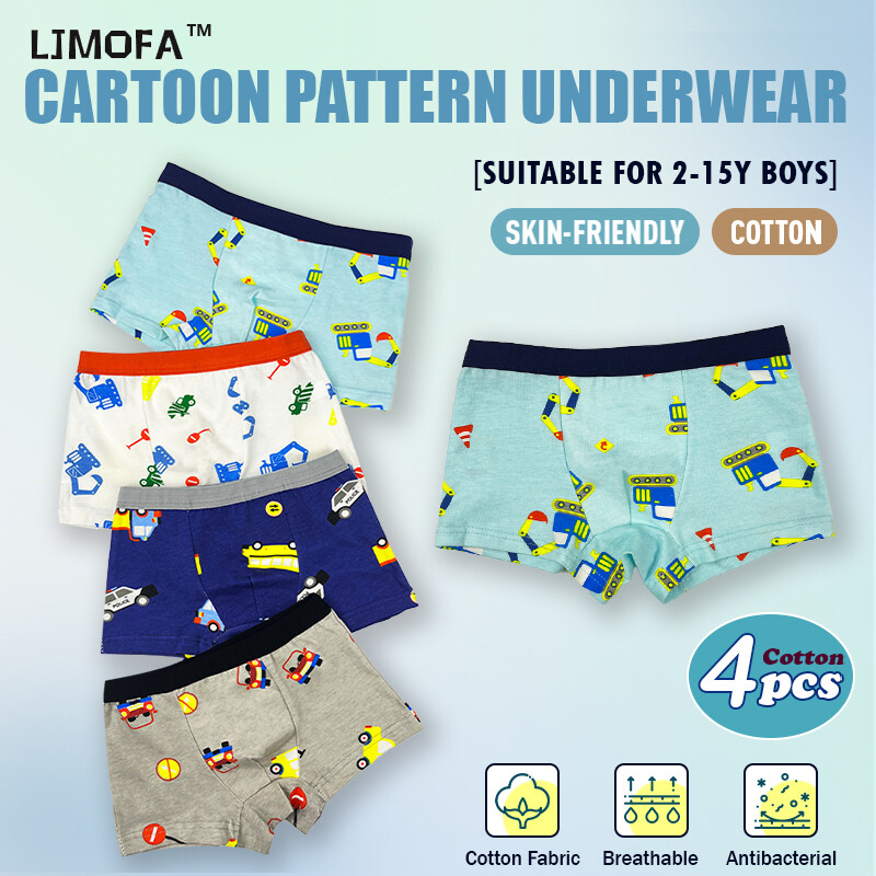 Ljmofa 4 cái quần lót bé trai trẻ em quần lót boxer cotton họa tiết hoạt hình thoải mái và thoáng khí cho thiếu niên quần lót cho bé trai 2-15 tuổi