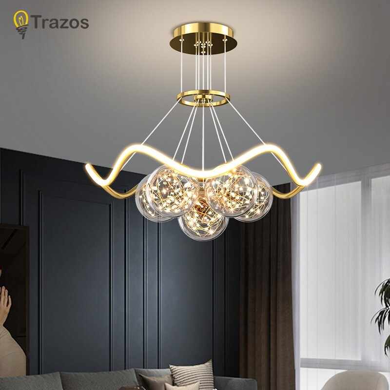 Gold Modern LED Ceiling Chandelier for Bedroom Dining Bar Acrylic Body Glass Shade indoor Lamp ราคา 8,629 บาท*ส่งฟรี