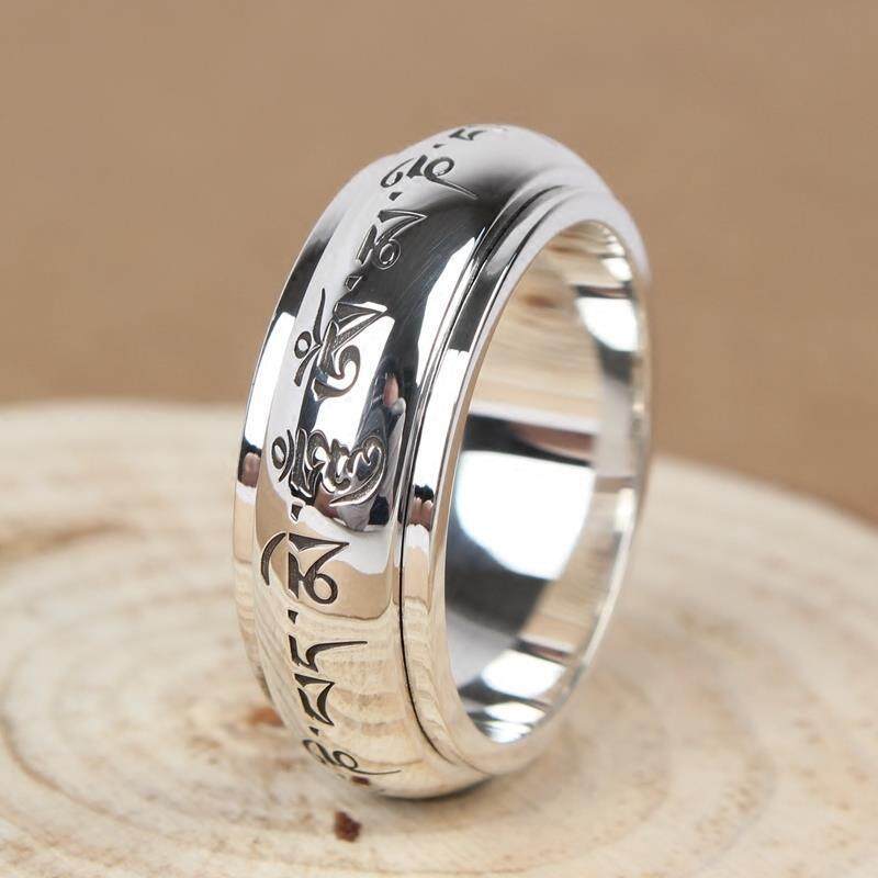 Bạc Nguyên Chất Sáu Ký Tự Nhẫn Thần Chú Cho Nữ: Bùa Hộ Mệnh Lớn Xoay Được Cho Ngón Trỏ Của Nam