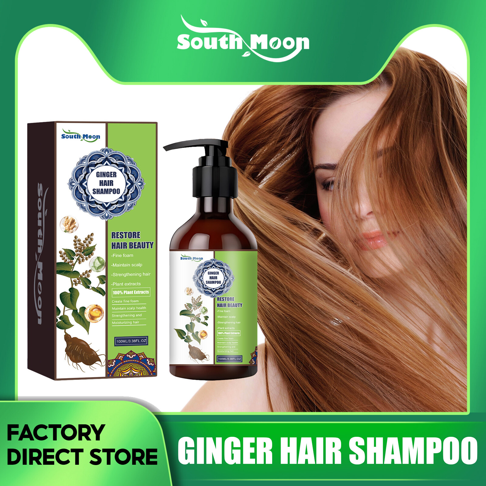 South Moon Ginger Shampoo For Anti Hair Loss Fast Growth Hair Grow Thicker Dense Control Hair Oil Treatment Dandruff Non Allergic Natural Fast Blacking Gray Hair Dye Black Shampoo For White Coloring(100ml)
