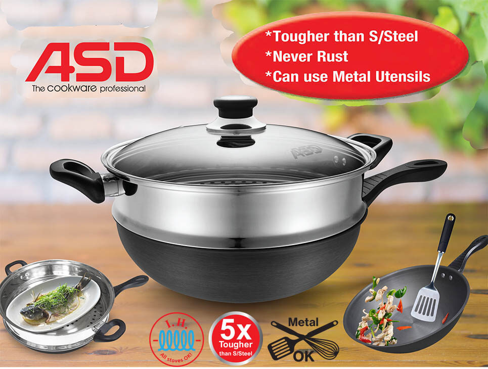 30cm Multi Usage Hard Anodised Induction Steel Wok and Stainless Steel Steamer HP-2330SSIH Harga  199 Ringgit*Penghantaran Percuma