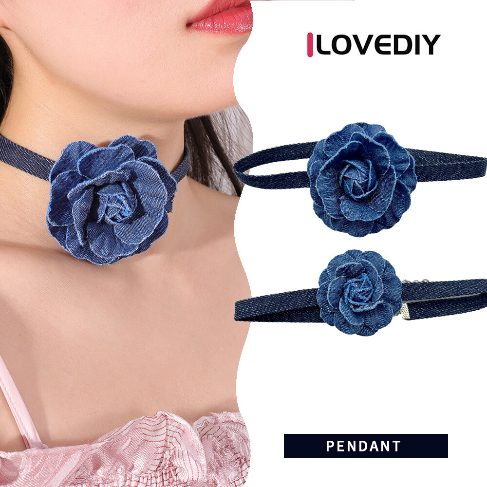 [ILOVEDIY] Blue Denim Flower Choker Necklace Retro Niche Design High-End Strap Neck Necklace