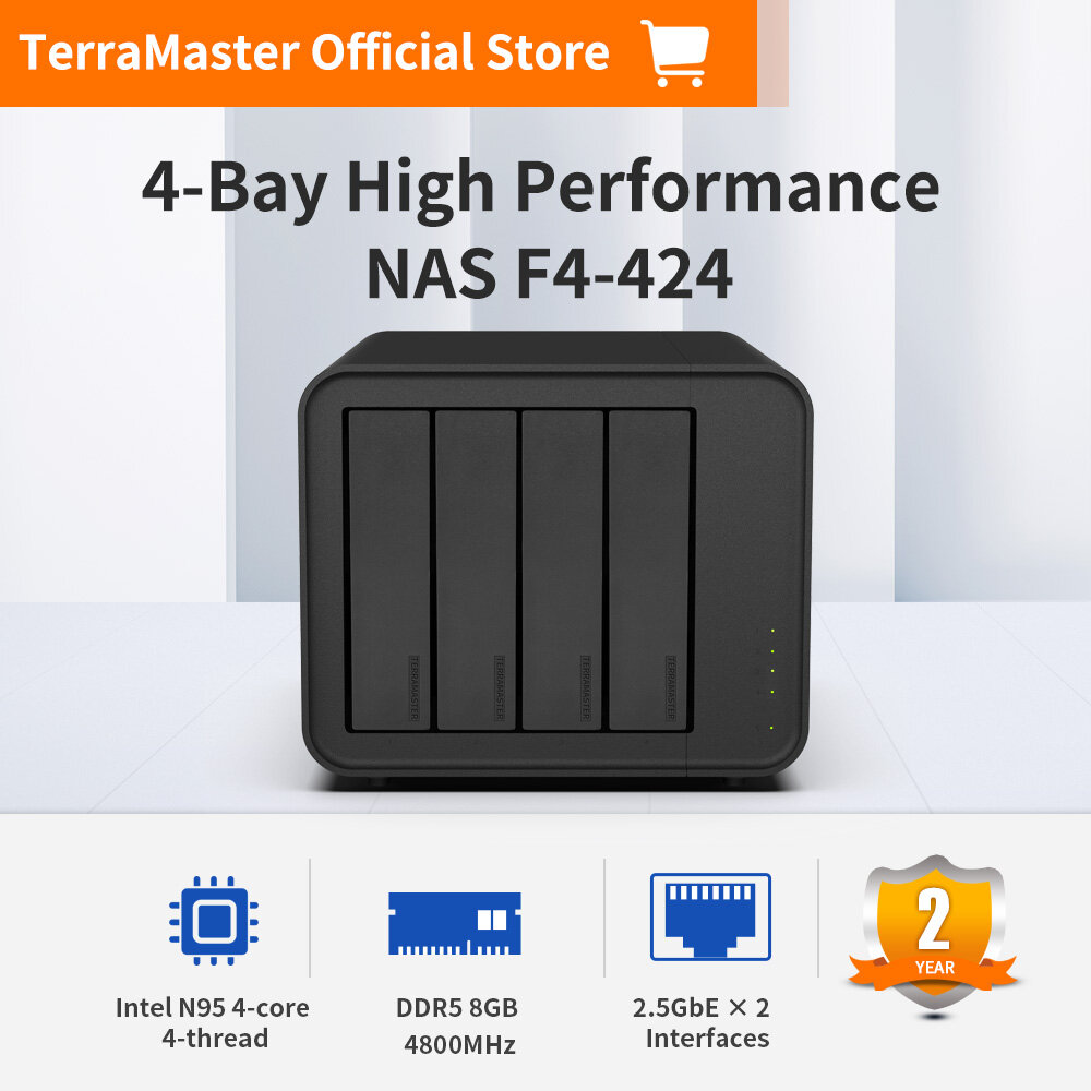 TerraMaster F4-424 NAS Storage 4Bay – N95 Quad-Core CPU, 8GB DDR5 RAM, 2.5GbE Port x 2, Network Attached Storage with High Performance (Diskless) ราคา 18,072 บาท*ส่งฟรี
