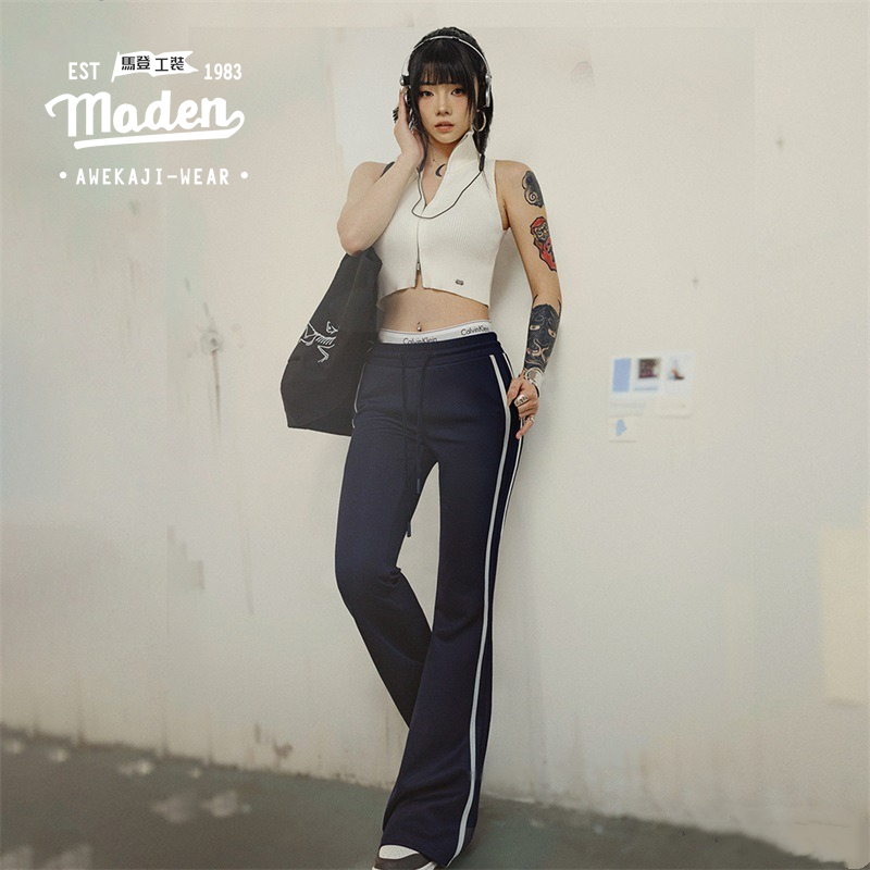 MADEN brand workwear style women's and youth American contrasting drawstring micro flared sanitary pants Spicy girl slimming casual pants design sense sports yoga pants ราคา 1,544 บาท*ส่งฟรี