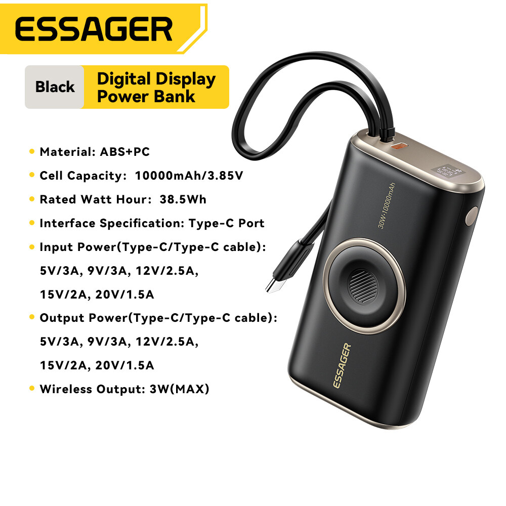 Essager pd30w 10000mah sạc dự phòng s xách tay màn hình hiển thị kỹ thuật số với loại c cáp sạc nhan
