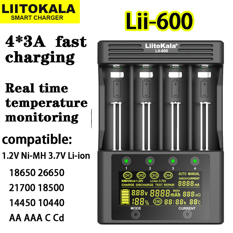 Liitokala lii-600 bộ sạc pin 18650 26650 18500 21700 14500 aa aa c sc nhanh sạc kiểm tra khả năng