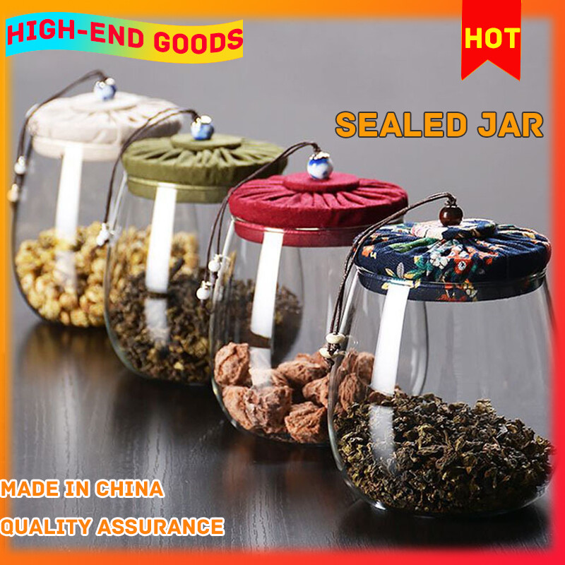 Gambar Large Glass Tea Jar Retro Cloth Cover Transparent Sealed Jar Bottle Flower Tea Candy Grains Storage Jar