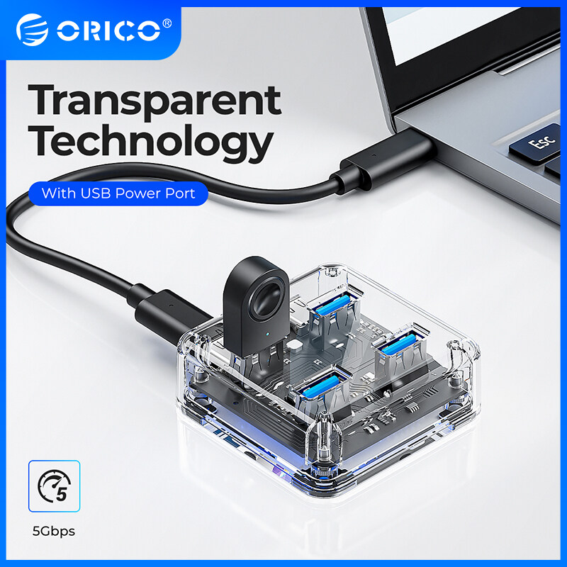 ORICO Transparent Type C USB Hub 4 Port Expansion With Power Supply Interface Usb 3.2 Fast Speed OTG Adapter