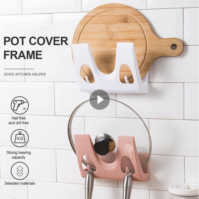 Gambar Wall Mounted Pot Lid Rack Punch Free Space Saving Pan Cover Holder Multipurpose Wall Storage Shelf Hanger Hook Kitchen Organizer