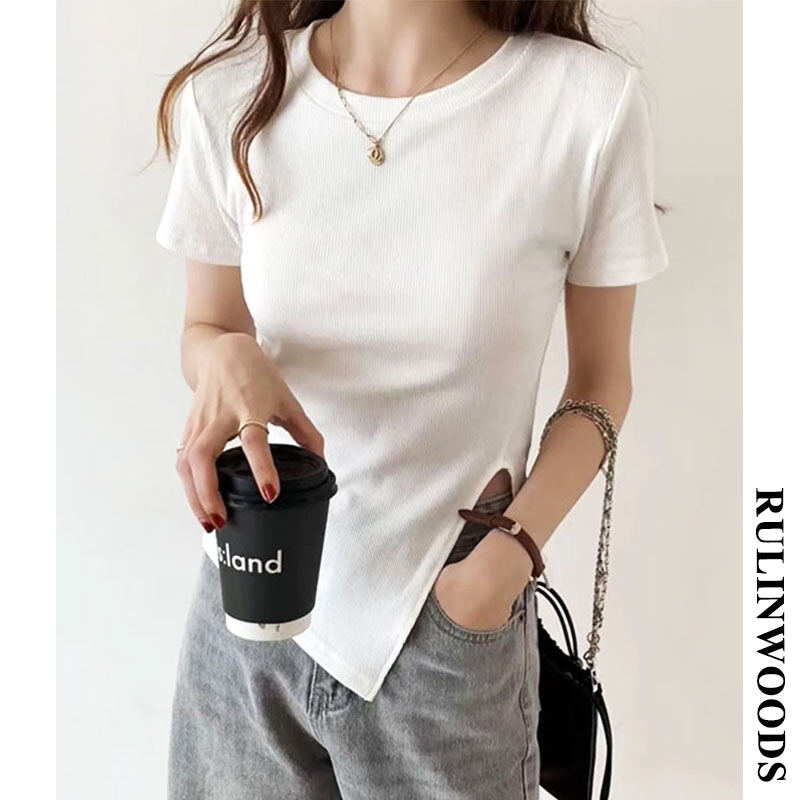 Rulinwoods áo thun nữ áo phông mùa hè xẻ tà