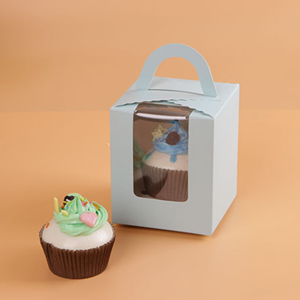 Party Favor 30 PCS Blue-Green WANBAO Single Cupcake Containers Gift Boxes With Window Inserts Handle For Cupcake To Go For Wedding Decoration 