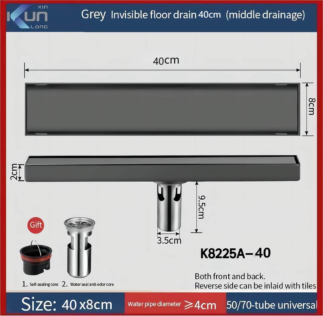 Xinkunlong K8225A/B-40 Grey Invisible Floor Drain Rectangle Bathroom Bathroom Anti-Odor 304 Stainless Steel Shower Rectangular Lengthen 40cm ราคา 437 บาท*ส่งฟรี