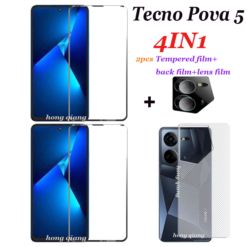 (4in1) cho TECNO pova 5 Kính cường lực filmtecno pova 4 4 Pro 3 2 2 2 chiếc phim miếng bảo vệ màn hình kính cường lực toàn màn hình + miếng phim dán sau sợi carbon + Phim ống kính máy ảnh
