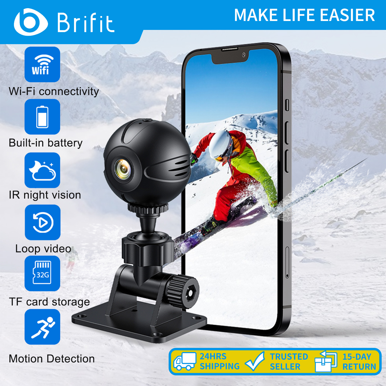 Brifit HD 1080p Body Camera, Mini Camera, Hidden Infrared Night Vision Detector, Portable Indoor Wifi Camera, Home Security Camera, Built-In 400mah Battery, 1/4 Screw Base, Mobile Detection Alarm ราคา 389 บาท*ส่งฟรี