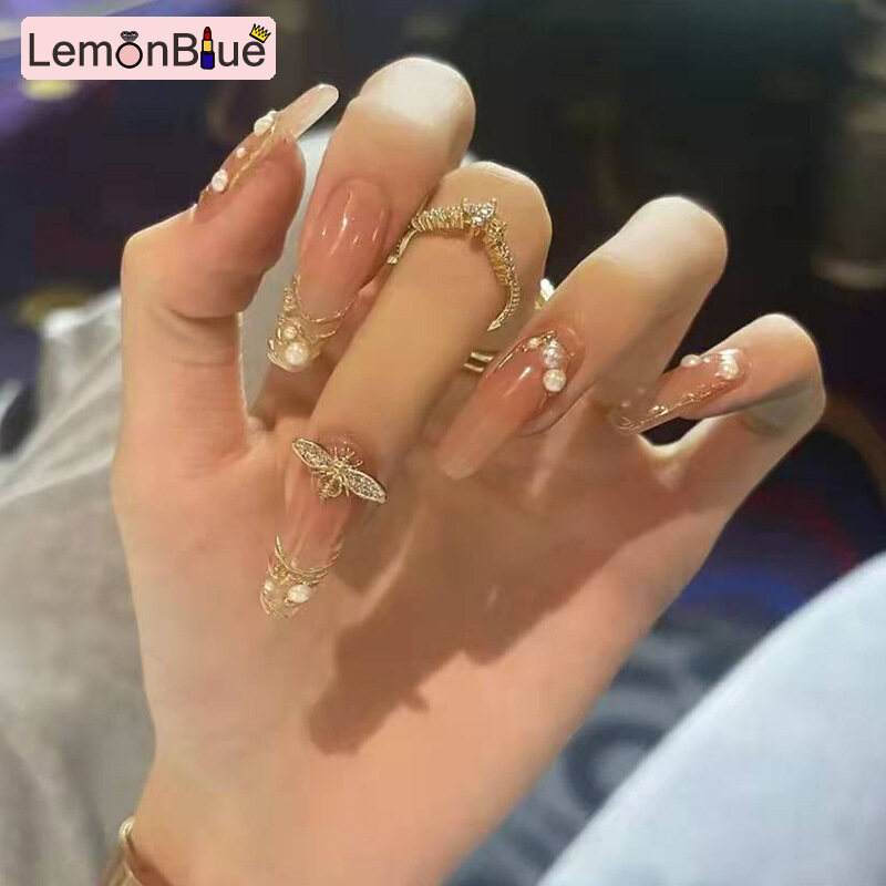 Gambar LemonBlue 24PCS Bee   Pearl Nail Patch Sweet Style Glue Type Removable Long Paragraph 24PCS False Nails Removable Long Paragraph Bee   Pearl Nail Patch Sweet Style Glue Type Fashion Manicure Save Time