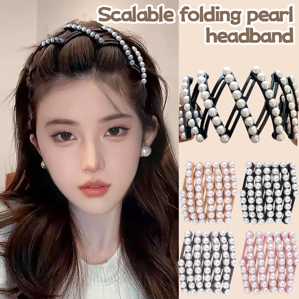 Fashion Portable Folding Retractable Hair Band Women Pearl Style Non-Slip Headband Face Wash Hairband Girls Hair Accessories