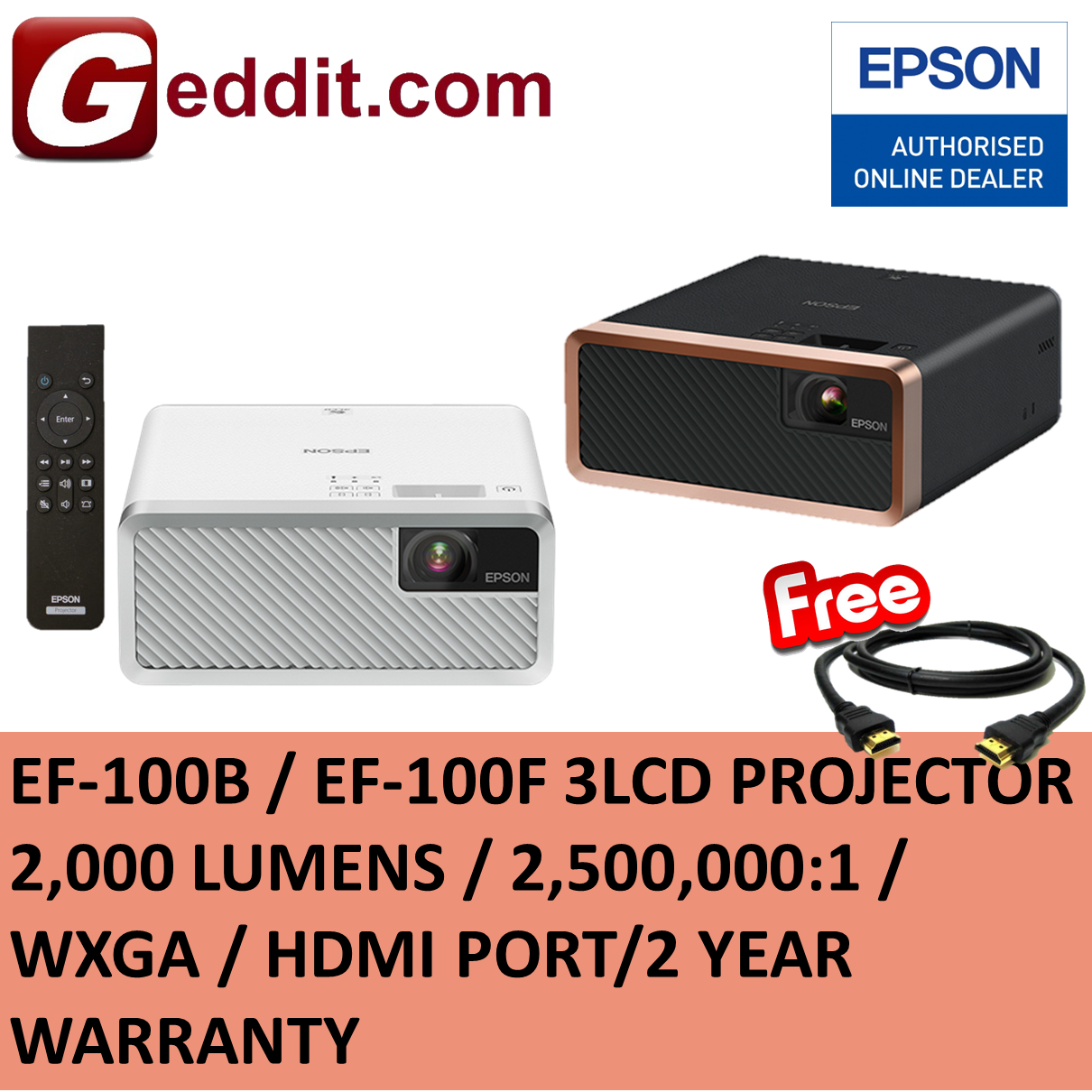 EPSON EF-100B / EF-100W WXGA 2000 LUMEN 3LCD PORTABLE LASER PROJECTOR WITH FREE HDMI CABLE (EF100,EF100B,EF100W,EF-100) (SEE ALSO EH-TW5650 / EH-TW750 / EH-TW6700 / EH-TW7000 / EH-TW5825))