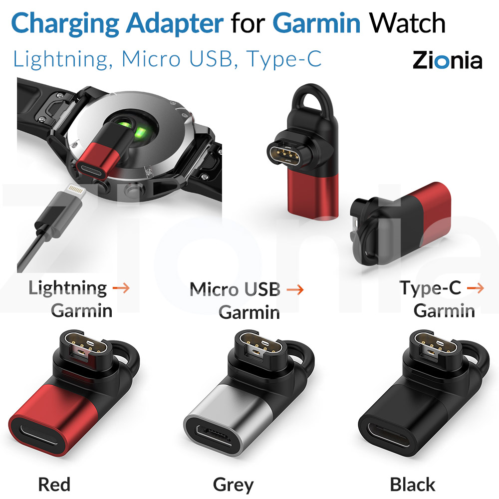 Zionia bộ chuyển đổi sạc lightning ios/micro usb/type c sang 4pin đầu nối bộ sạc chuyển đổi sạc cho garmin fenix 7 7x 6x 6 sapphire solar 5x 5 plus quatix enduro forerunner 935 945 approach s70 s60 s62 epix gen 2 instinct 2x tactix d2 mach 1 delta charlie