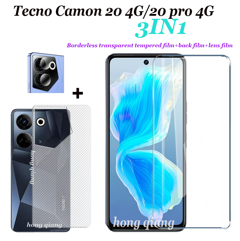 (3in1) thích hợp cho Tecno Camon 20 rõ ràng kính cường lực không khung Tecno Camon 20 Pro 4G Camon 20 Premier 18 18p 19 19 Pro rõ ràng kính cường lực + Tấm dán bảo vệ ống kính + miếng phim dán sau
