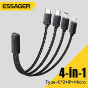 Essager 4-Trong-1 Splitter Cáp dữ liệu Loại C Để Loại C + Lightning + Micro Hỗ Trợ Đa-Thiết Bị Dây dây sạc C-C C-M C-L 3A Nhanh Chóng Sạc Cáp chia Cho Iphone17 16 15 14-6 iPad Xiaomi samsung Huawei Airpods Headphone iWatch bàn chải đánh răng chạy điện Fan