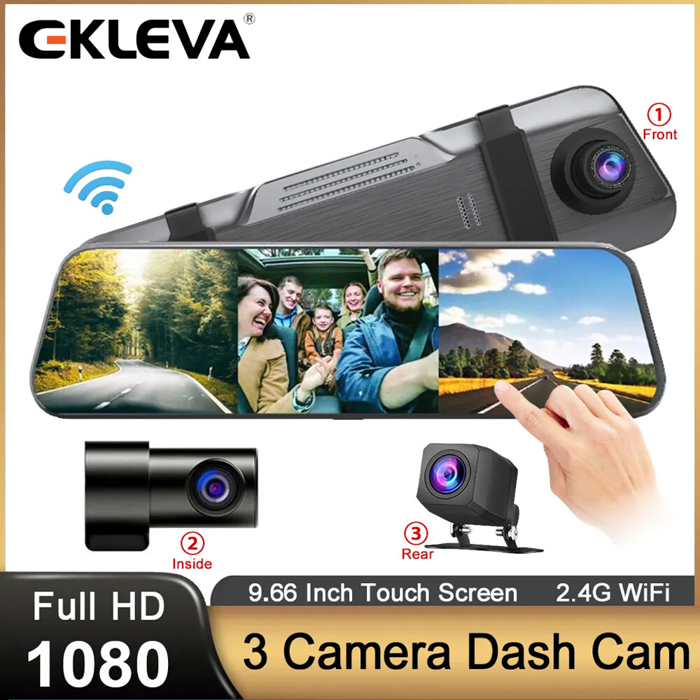 EKLEVA 3 Camera WIFI Car DVR Three Lens Mirror 10 Inch Night Vision Touch Video Recorder Dashcam Front 1080P + Inside 720P + 720P Rear Cam