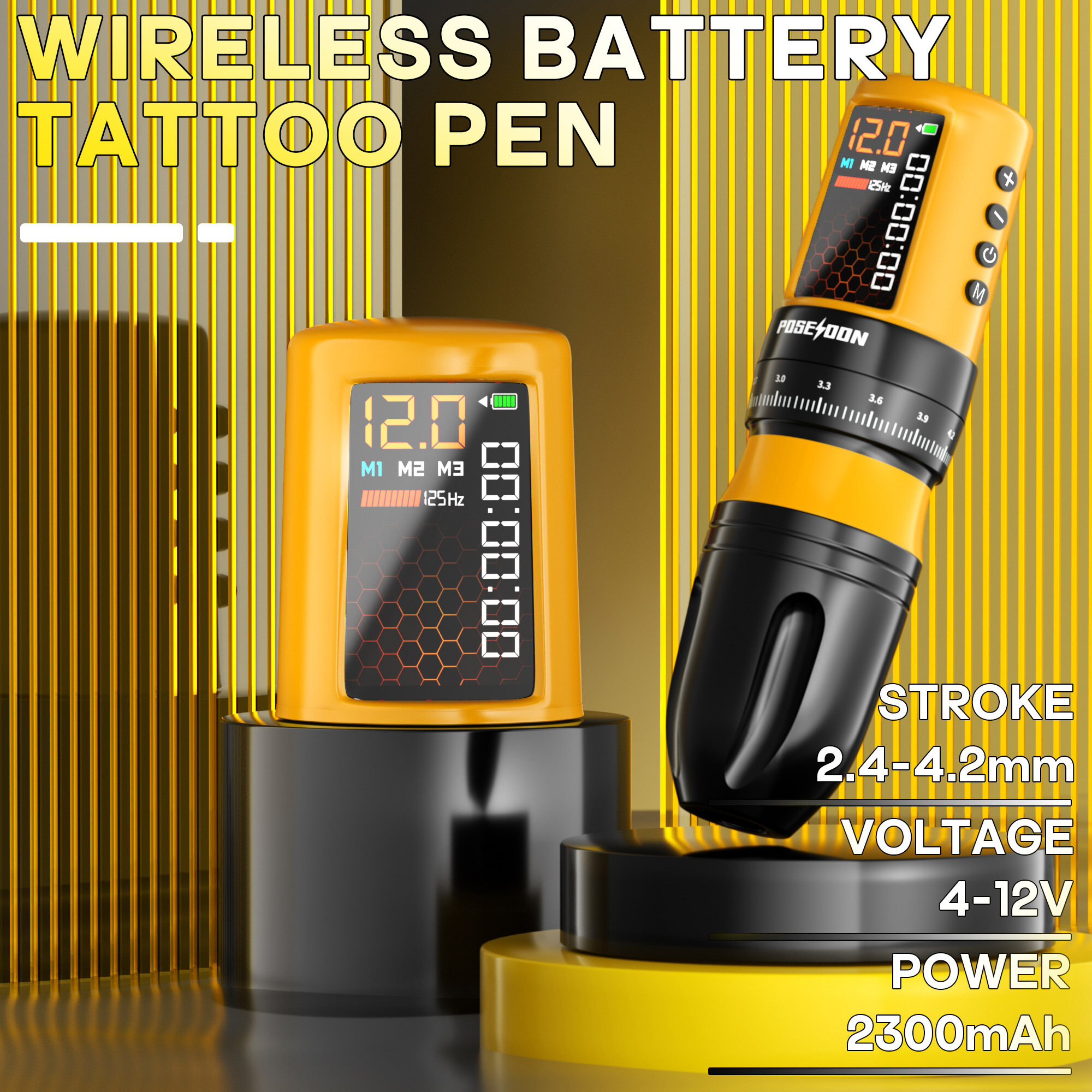  Bút Tattoo Poseidon máy xăm không dây với công suất 2300mAh cung cấp điện không dây và điều chỉnh đột quỵ Màn hình đèn LED kỹ thuật số và động cơ chất lượng cao cho nghệ sĩ 