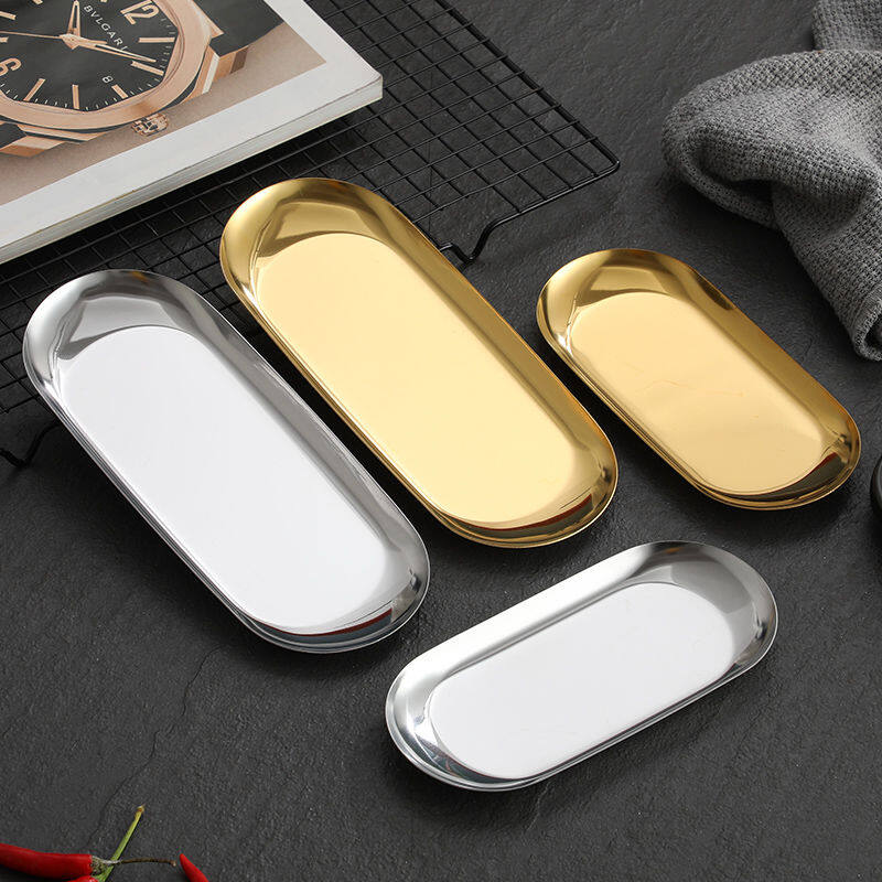 Gambar European style Dinner Plate Stainless Steel Rectangle Food Tray Western style Steak Round Plate Kitchen Table Decoration Stainless Steel Metal Oval Serving Salad Plates for Camping Outdoor Party