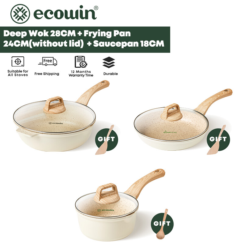 Gambar Ecowin Cookware Ceramics Nonstick Coating Set 3 Pieces 28CM Deep Wok with Lid + 24 CM Frying Pan without Lid + 18CM Milk Pan with Lid  Free of PFOA PTFE Suitable for All Stoves Gas Range Induction Pan Free Gift Wooden Spatula Famliy Daily Use